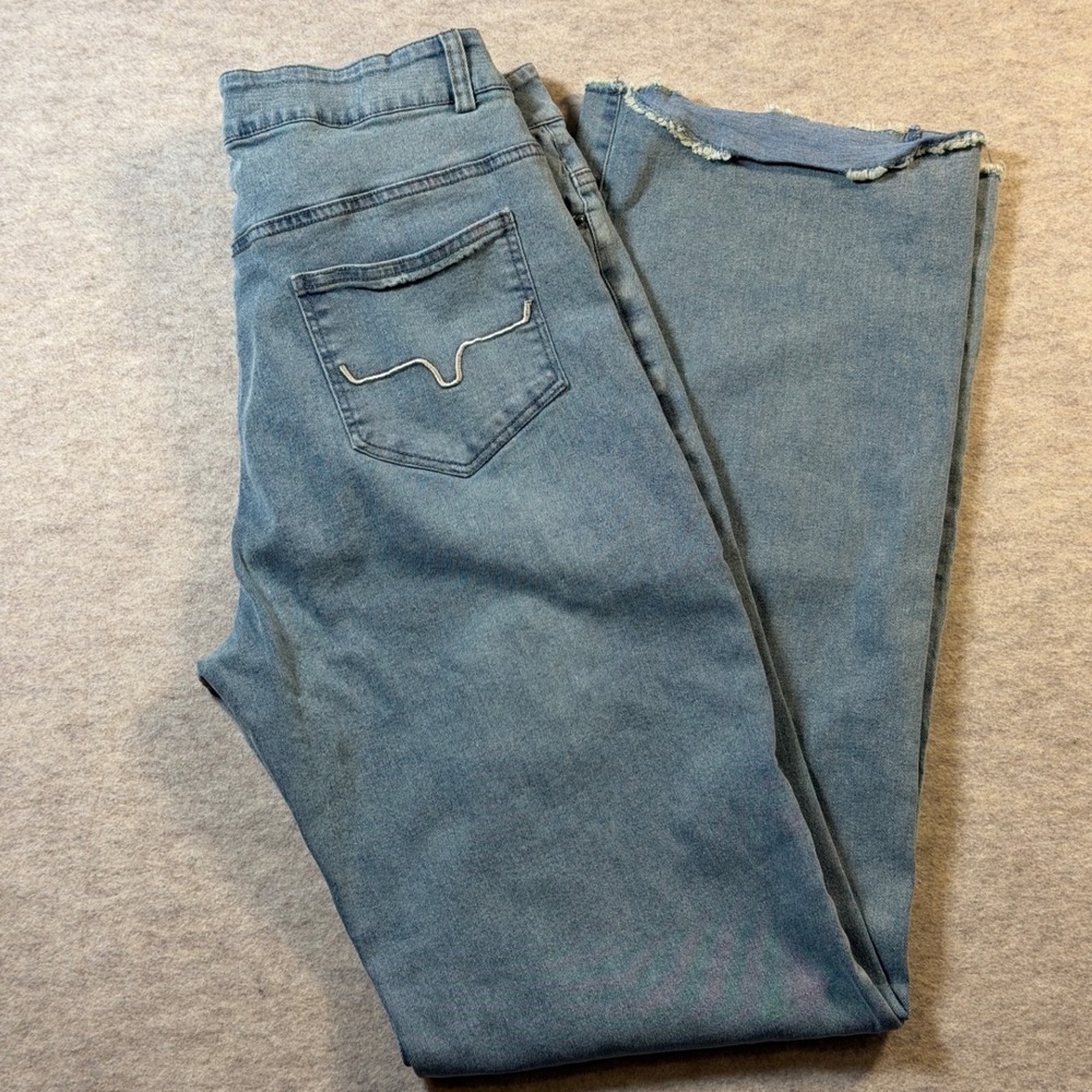Kimes Ranch Light Blue Wash High Waisted Flared Frayed Hem Jeans Western Cowgirl